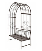 A dark brown wrought iron garden bench with an arched trellis design, featuring decorative scrollwork and a slatted seat, shown against a plain white background.