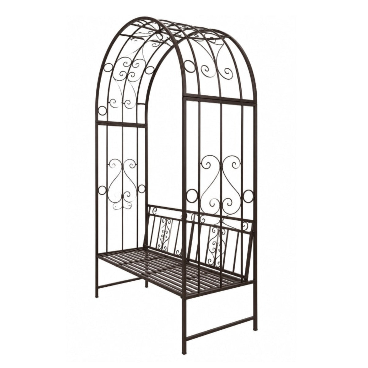 A dark brown wrought iron garden bench with an arched trellis design, featuring decorative scrollwork and a slatted seat, shown against a plain white background.