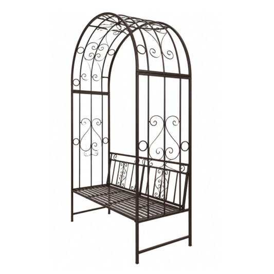A dark brown wrought iron garden bench with an arched trellis design, featuring decorative scrollwork and a slatted seat, shown against a plain white background.