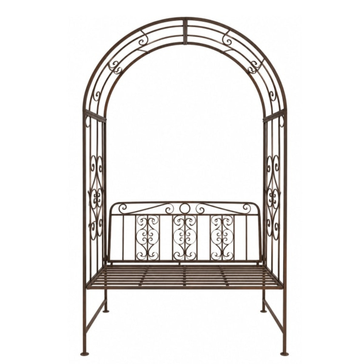 A dark brown wrought iron garden bench framed by an arched trellis with decorative scrollwork, shown against a plain white background.