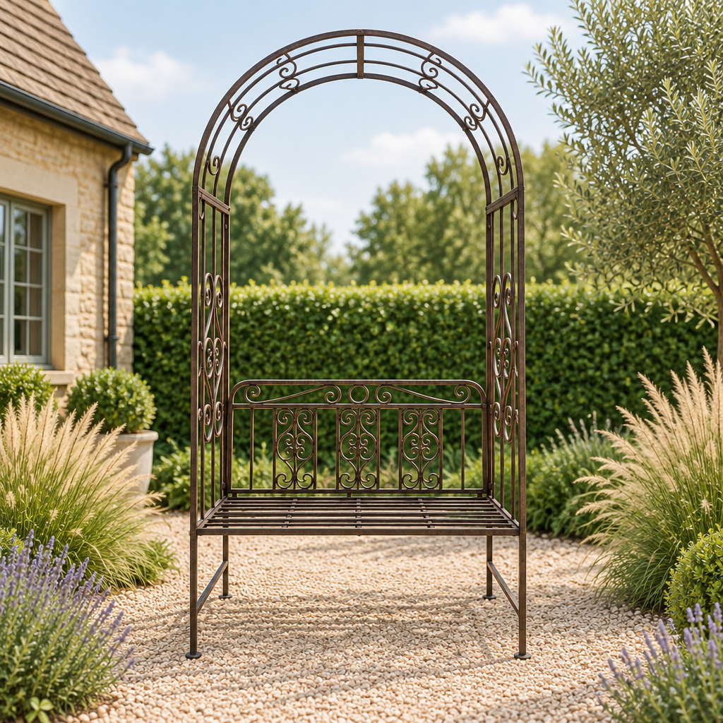 A dark brown wrought iron garden bench with an arched trellis design, set in a landscaped garden on a gravel path with a stone house and green hedges in the background.