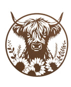 Brown and white illustration of a highland cow with flowers on a white background