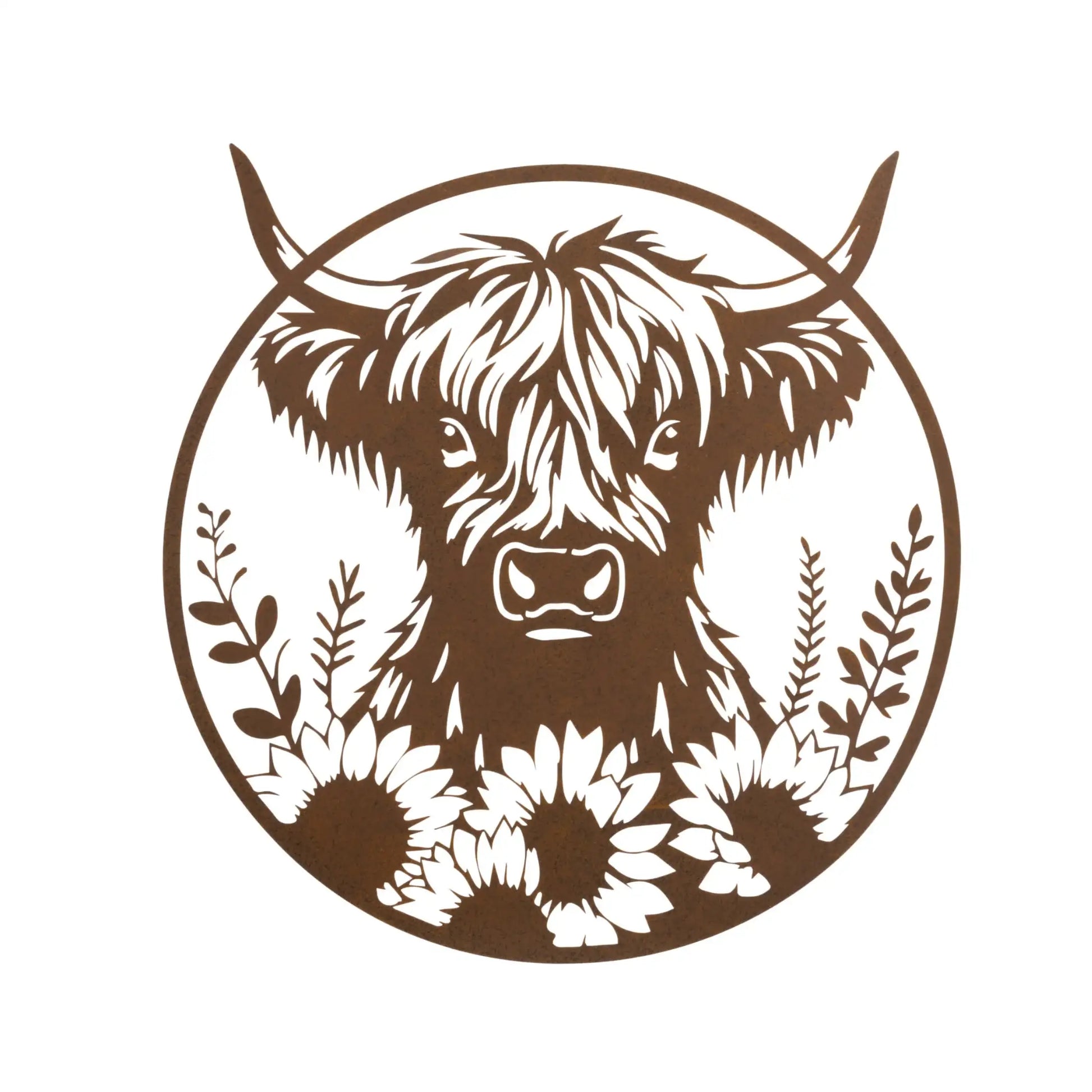 Brown and white illustration of a highland cow with flowers on a white background