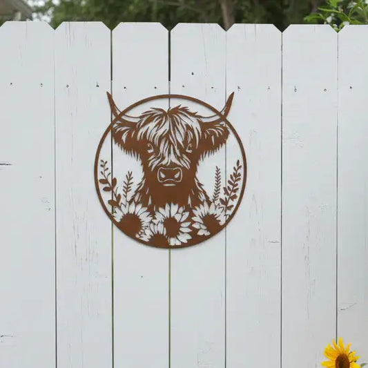 Decorative metal wall art of a bull with flowers on a white wooden fence.