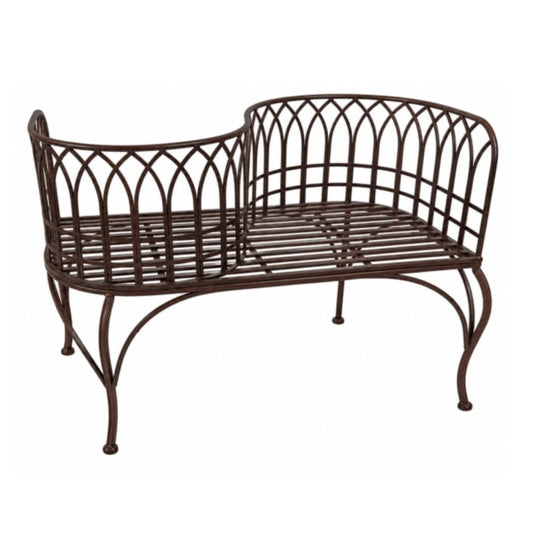 A dark brown metal garden bench with a curved, lattice-style backrest and a slatted seat, shown against a plain white background.