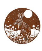 Illustration of a rabbit in a field with flowers and a moonlit sky on a brown background
