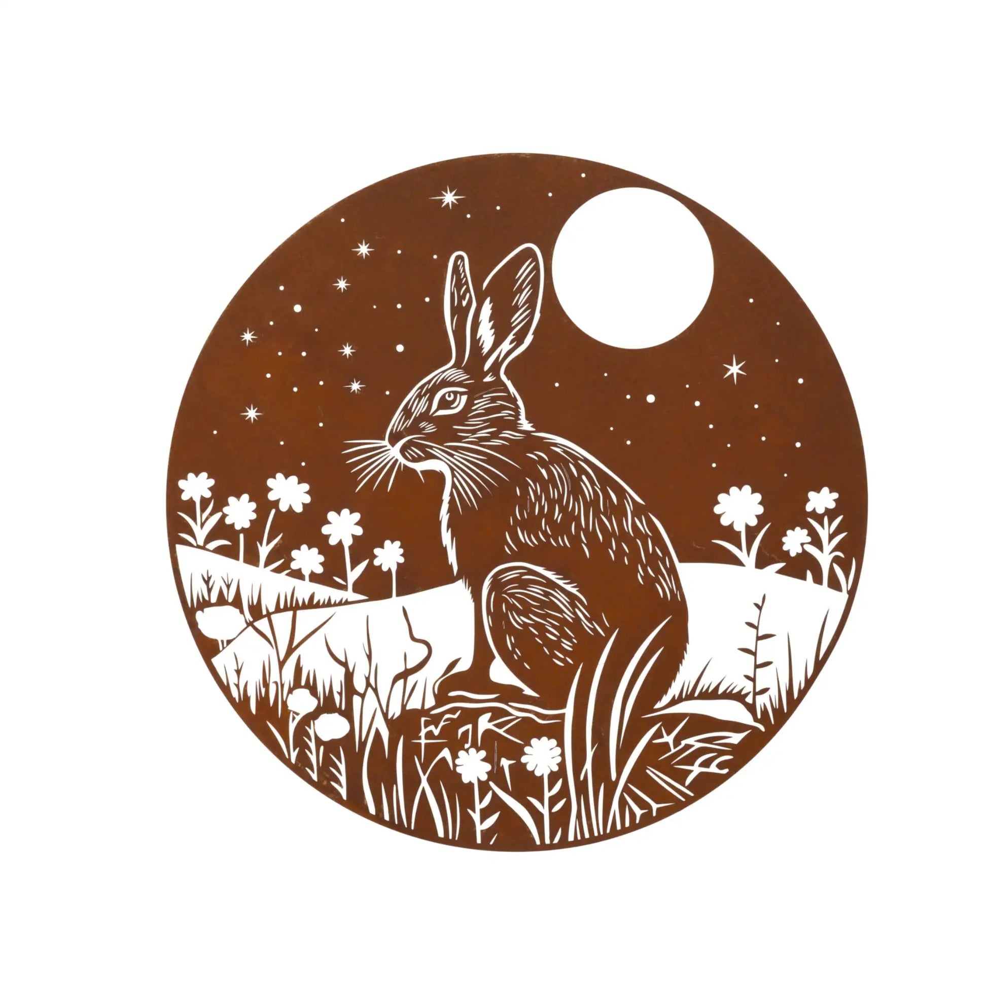 Illustration of a rabbit in a field with flowers and a moonlit sky on a brown background