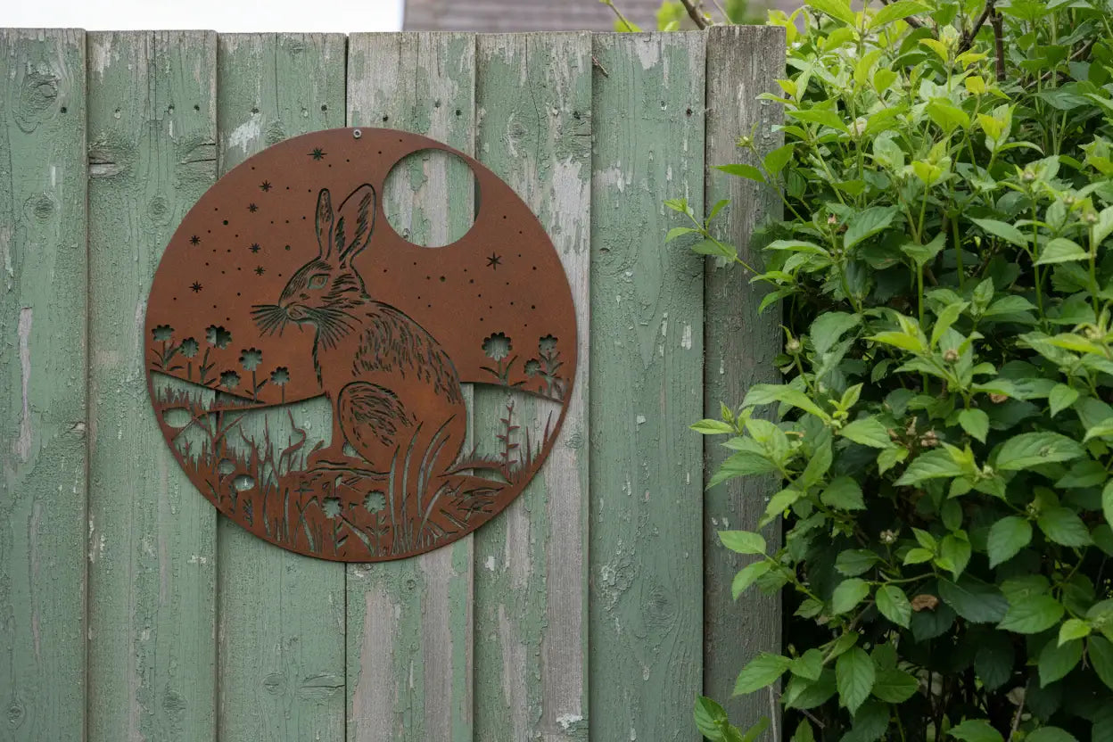 Decorative metal hare sculpture on a wooden fence with greenery in the background