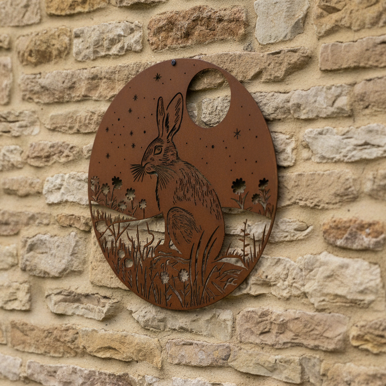 Rustic Metal Moon Hare Garden Wall Art