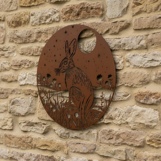 Rustic Metal Moon Hare Garden Wall Art