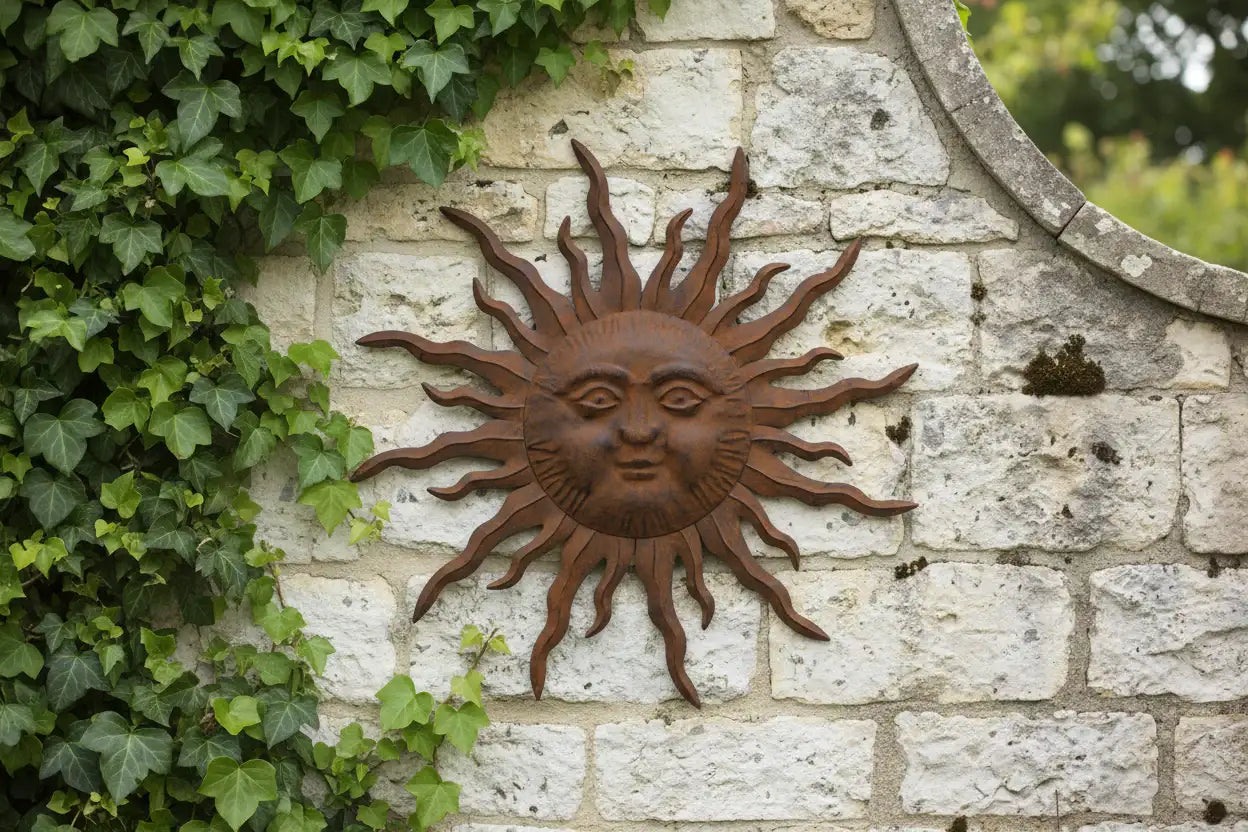 Decorative sun wall art on a stone wall with ivy