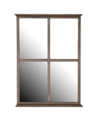 Wooden-framed mirror with divided glass panels on a white background