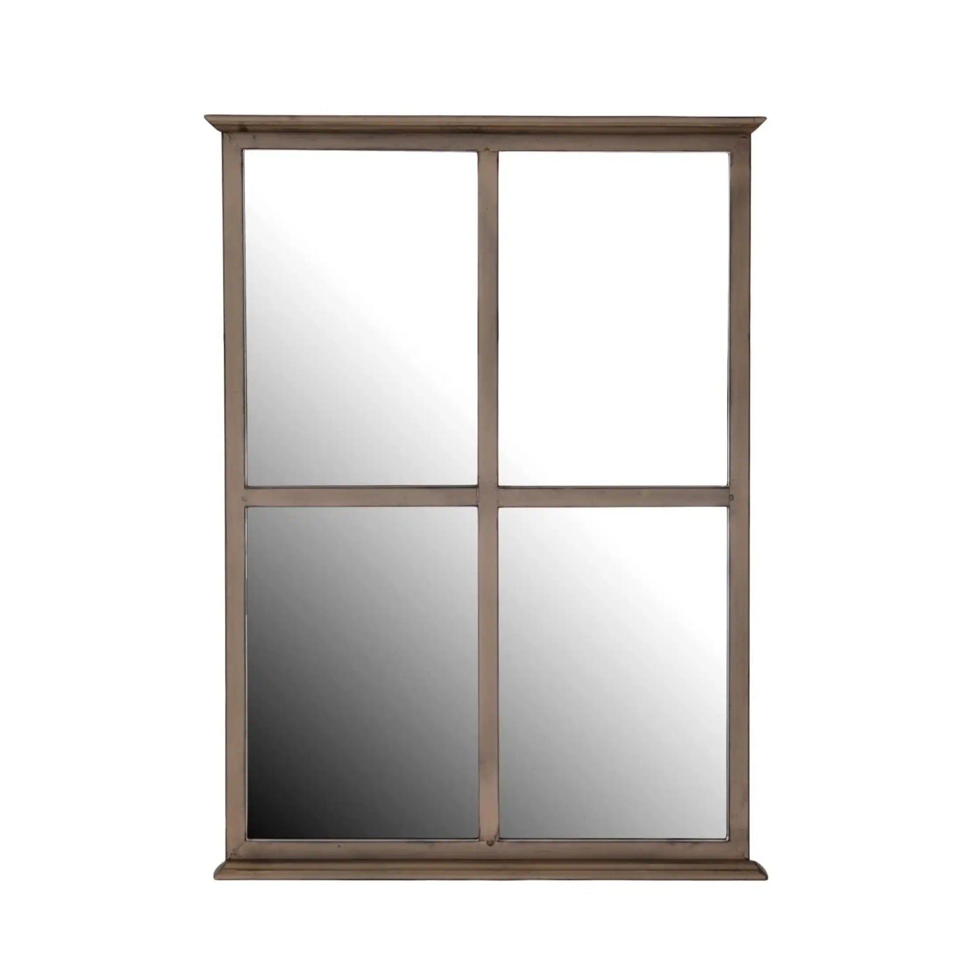 Wooden-framed mirror with divided glass panels on a white background