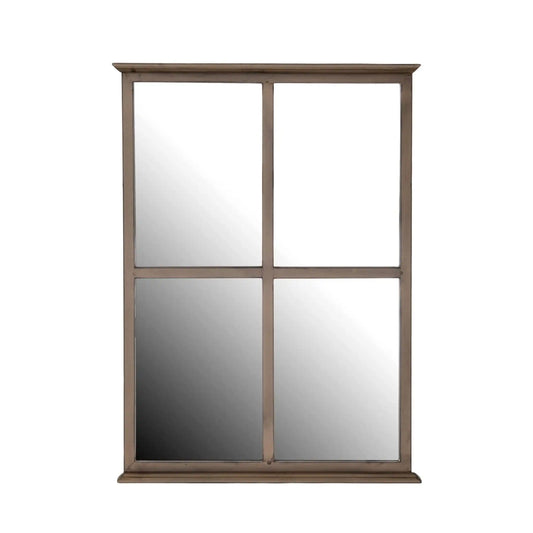 Wooden-framed mirror with divided glass panels on a white background