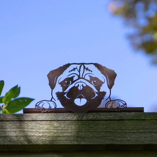 Rustic Peeping Fence Pug Silhouette - Wall / Fence Mounted 1