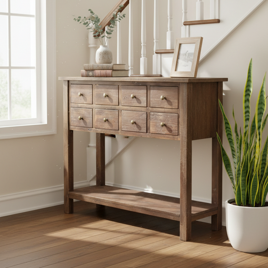 Wooden console table with drawers in a room with a plant and window.