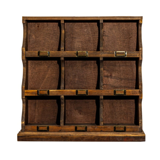 A rustic 9-compartment wooden display cabinet with a three-by-three grid of drawers, featuring dark brown wood grain and small brass pull handles, isolated on a white background.