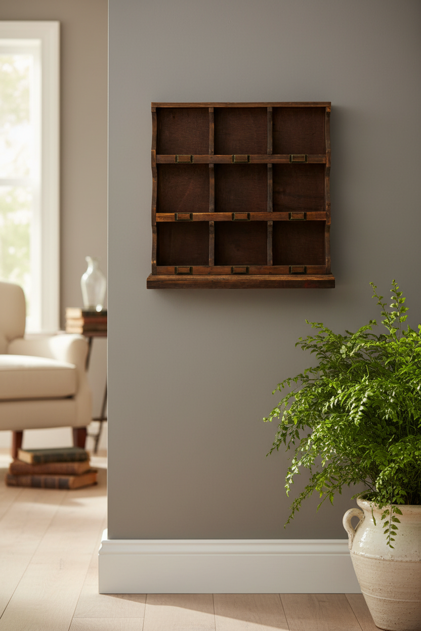 A dark brown wooden 9-compartment wall organizer with small metal clips, mounted on a gray wall in a styled living room setting with a potted fern and armchair visible.