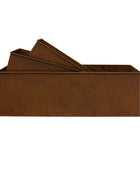 Rust-colored metal planter box on a white background