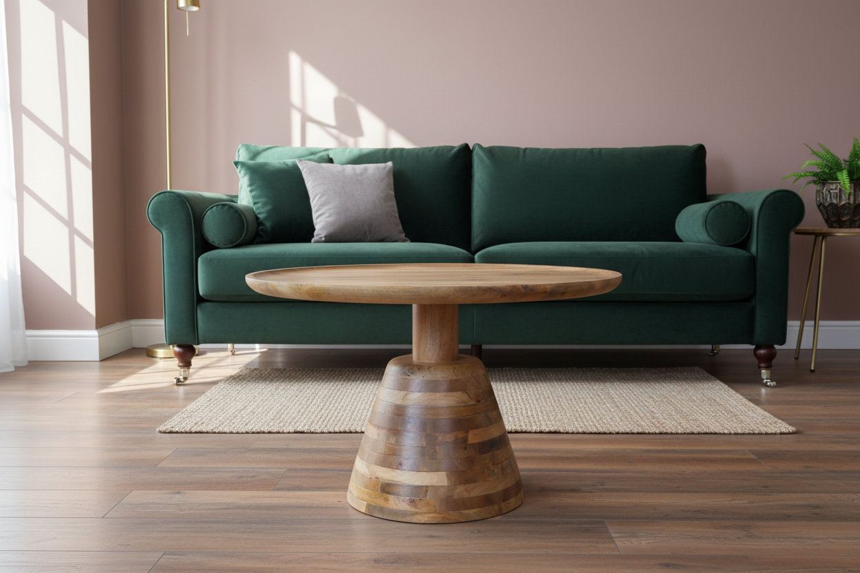 Green sofa with a wooden coffee table in a living room setting