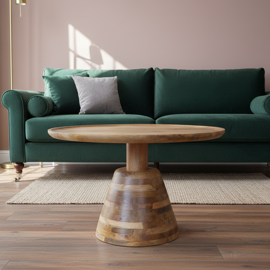 Wooden coffee table in front of a green sofa in a living room setting