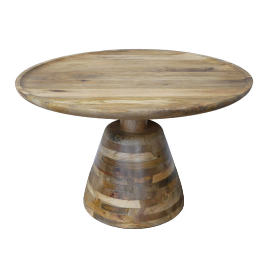 Wooden table with a round top and tiered base on a wooden floor.