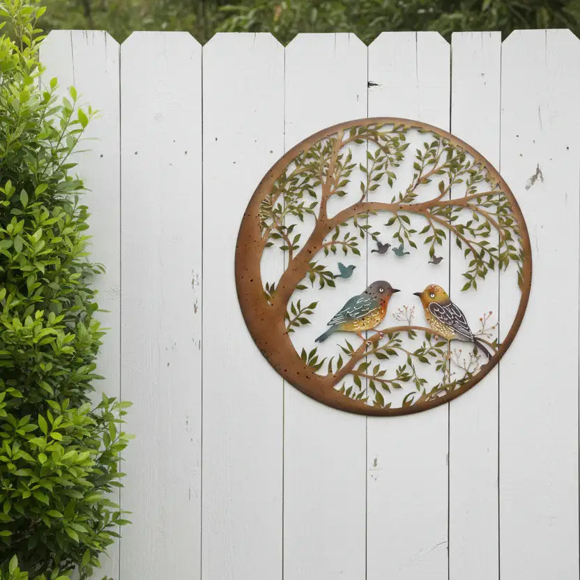 Rustic Round Metal Birds Garden Wall Art