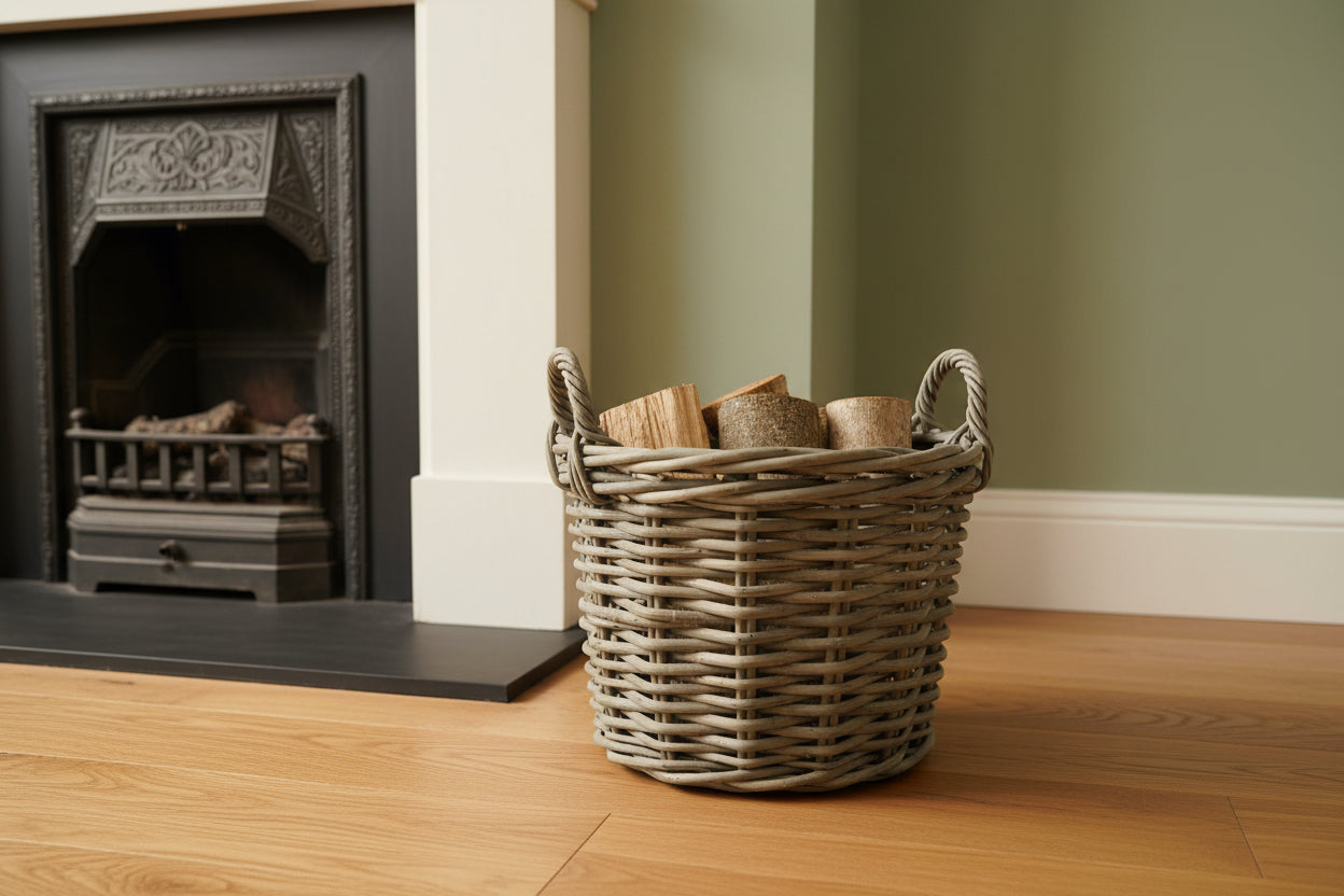 Wicker basket with handles on a white background, featuring the brand 'lows.co.uk'.