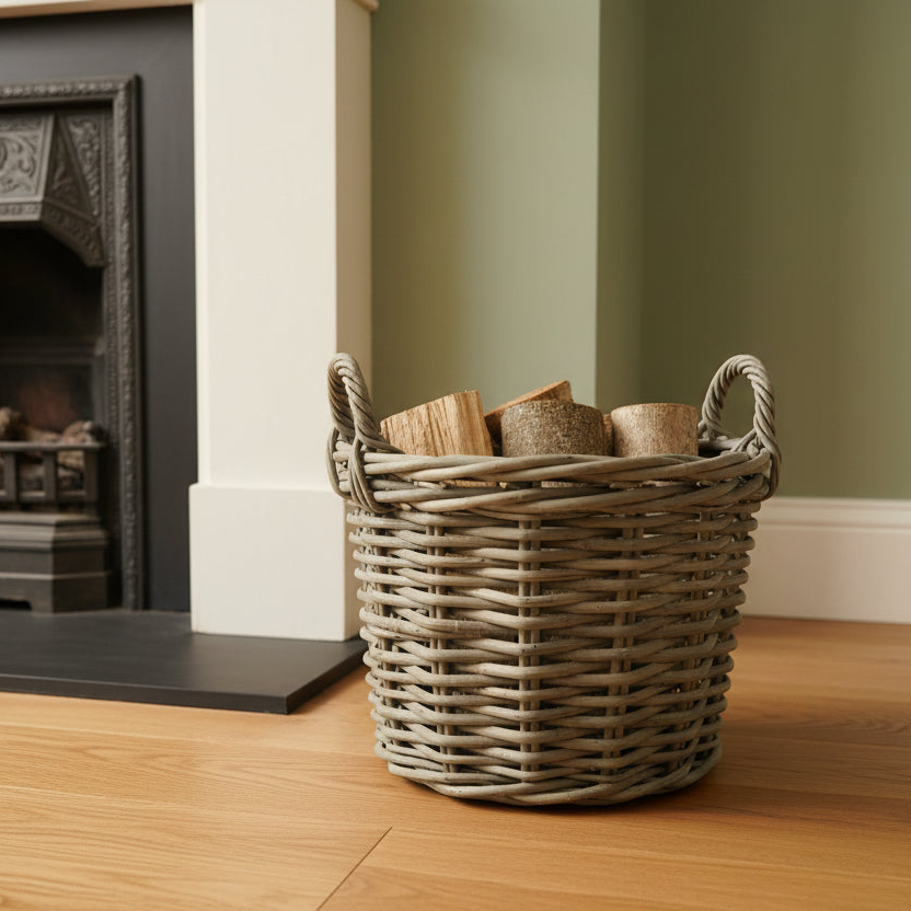 Wicker basket with firewood next to a fireplace in a room.