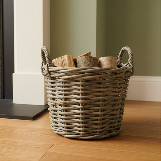Wicker basket with firewood on a wooden floor next to a fireplace.
