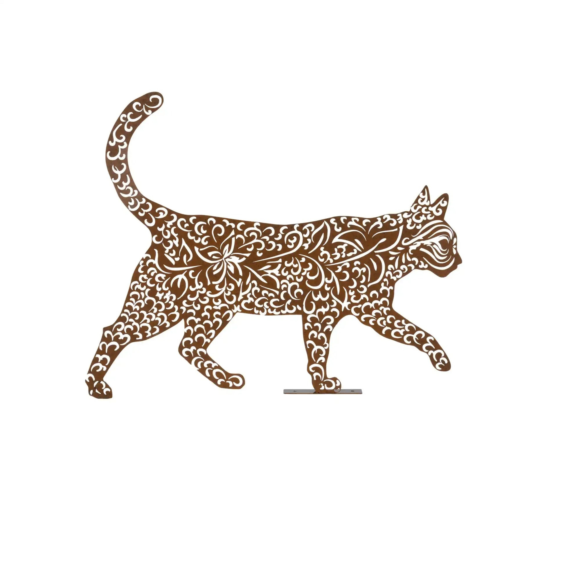 Decorative metal cat sculpture with intricate patterns on a white background