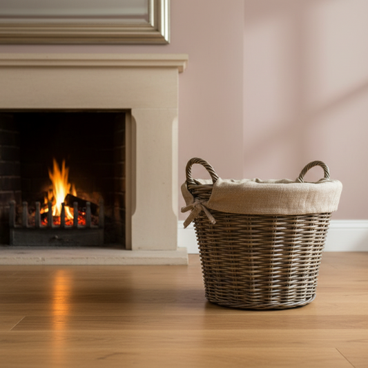 Wicker basket on a wooden floor in front of a fireplace with pink wall.