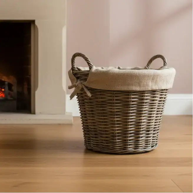 Wicker laundry basket with a lid on a wooden floor in front of a fireplace.
