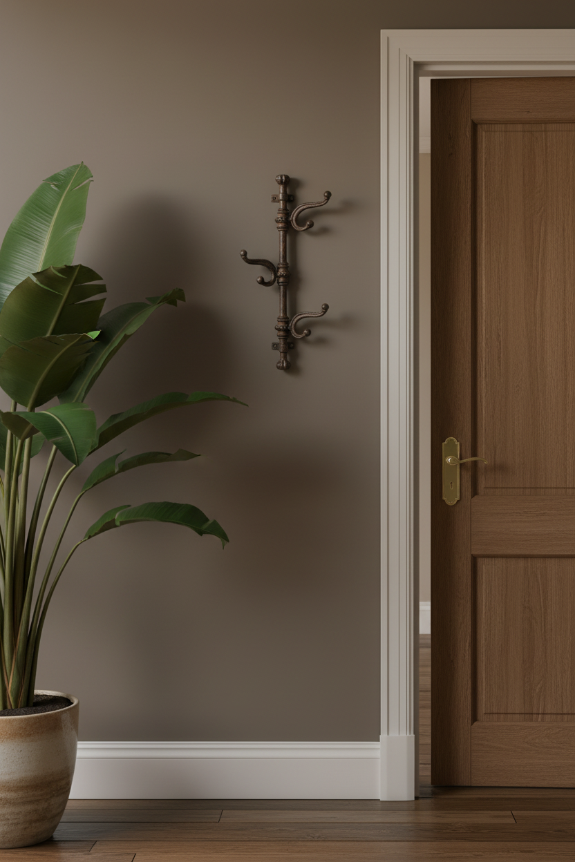 Hanging coat rack on a wall next to a wooden door with a plant in the foreground.