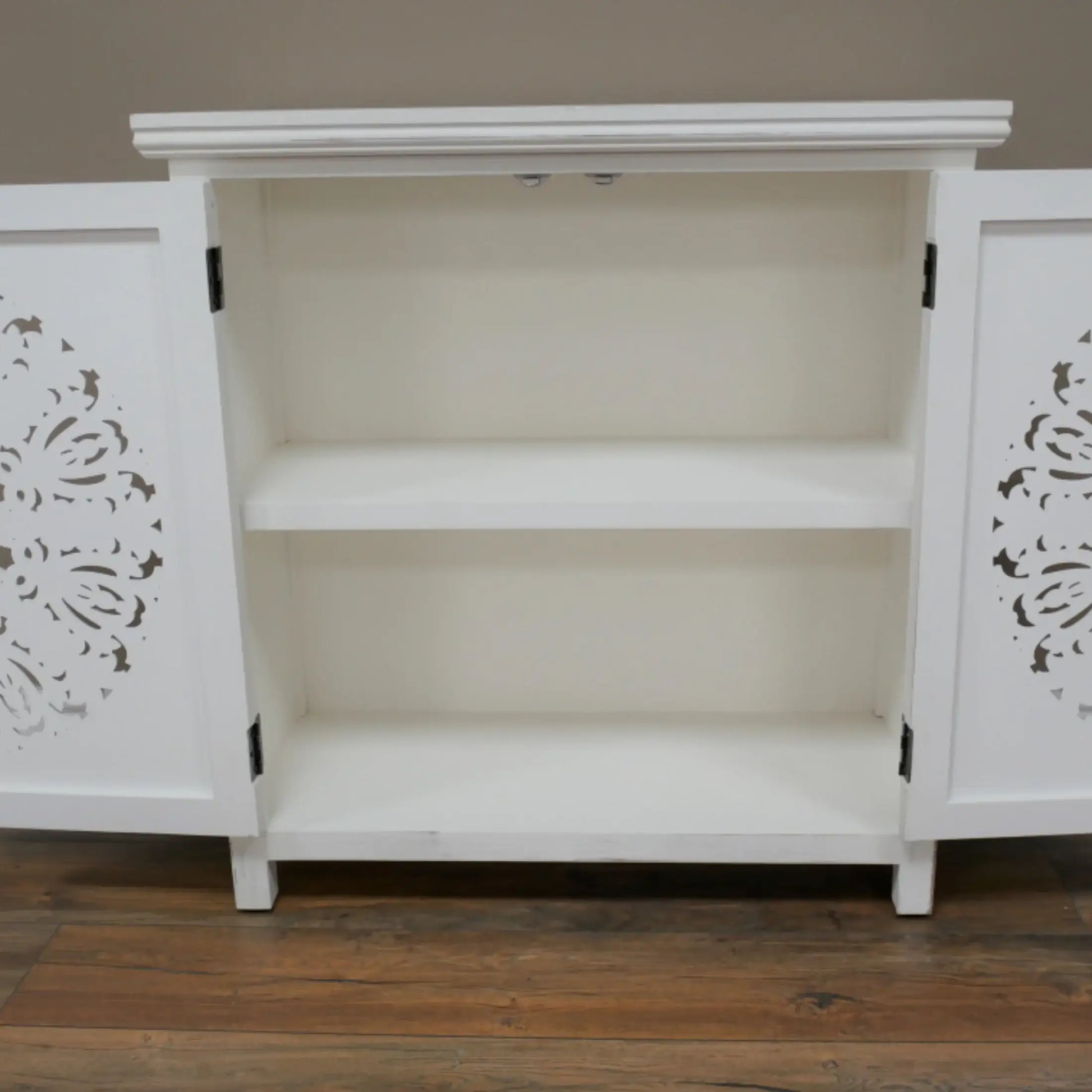 Rustic White Circular Carved Wood Cabinet