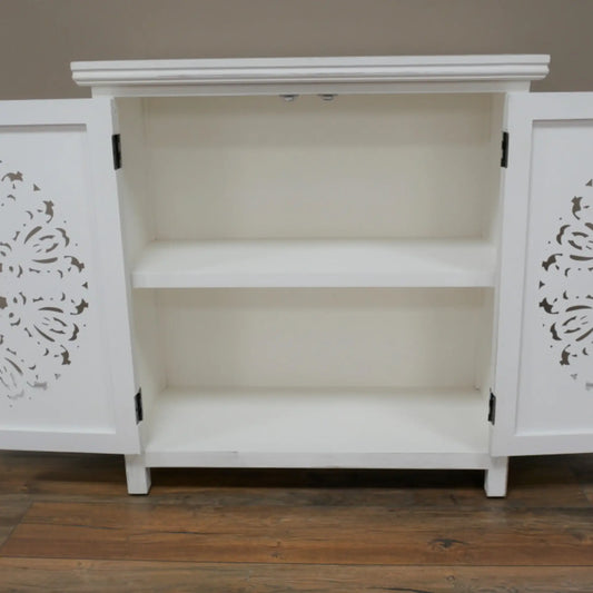 Rustic White Circular Carved Wood Cabinet