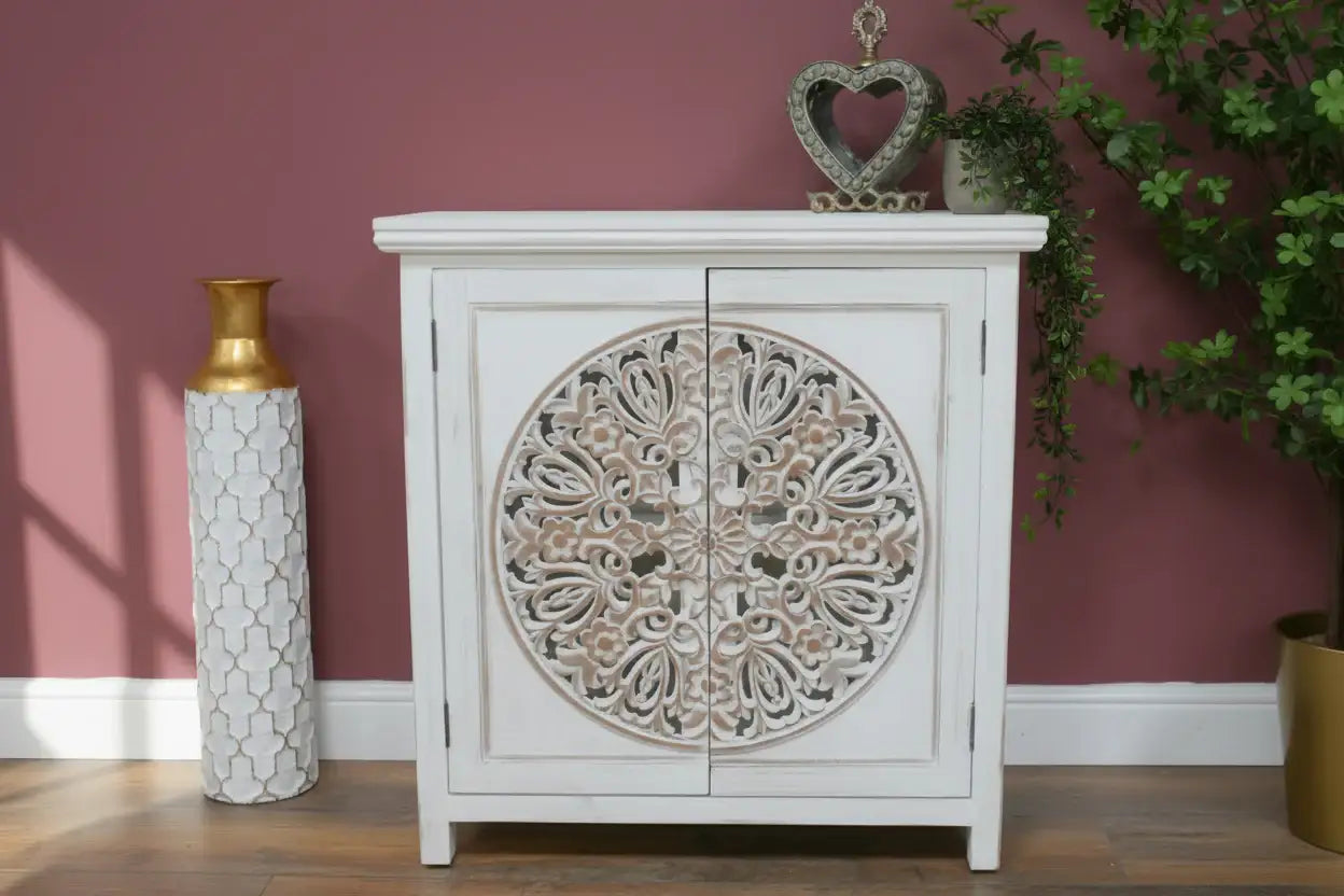 Rustic White Circular Carved Wood Cabinet 4