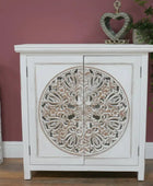 Rustic White Circular Carved Wood Cabinet