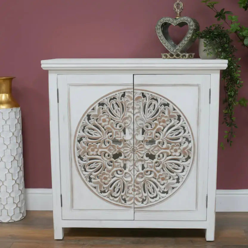 Rustic White Circular Carved Wood Cabinet