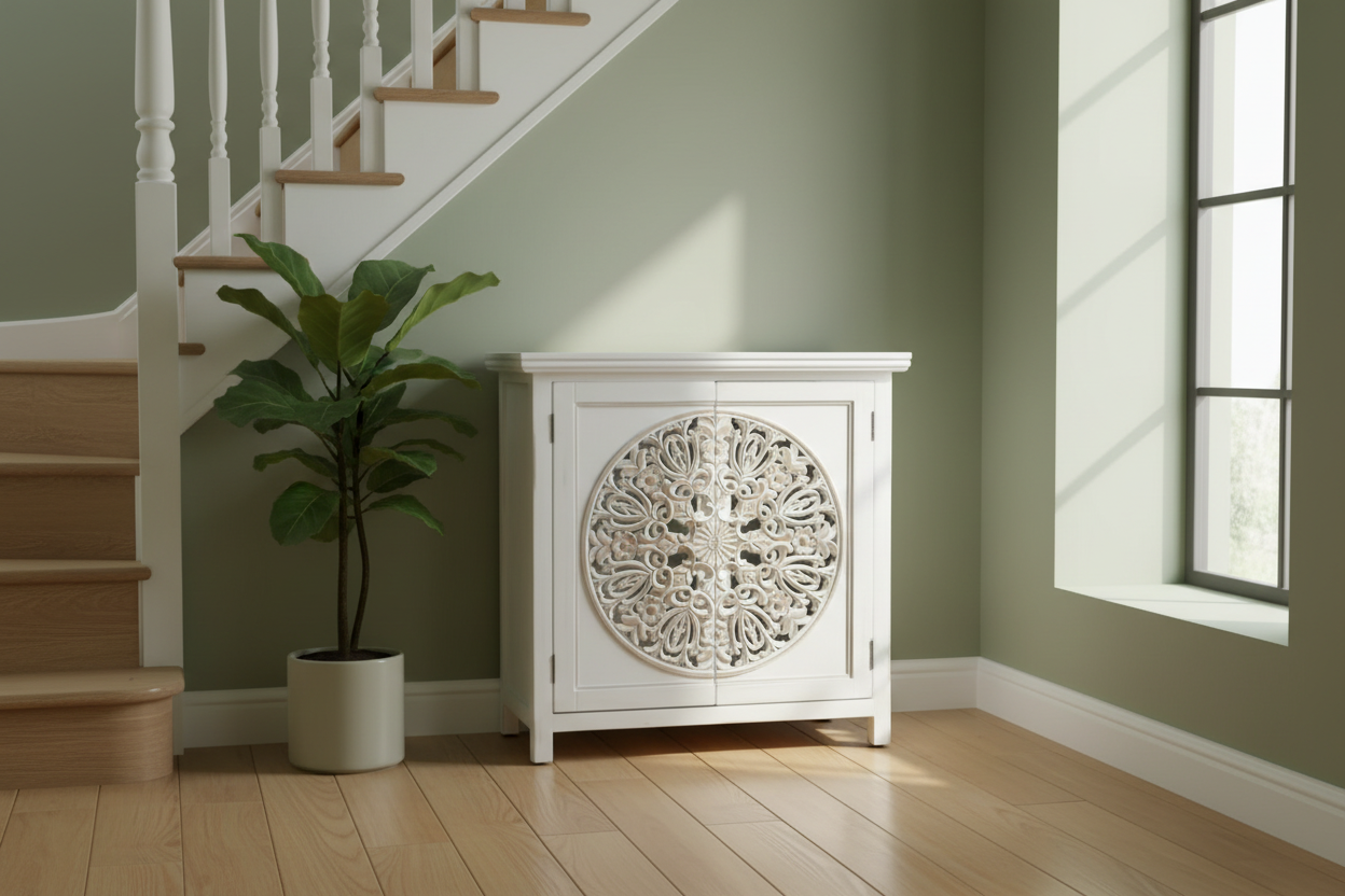 RusticWhiteCircularCarvedWoodCabinet