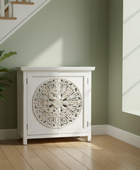 Rustic White Circular Carved Wood Cabinet