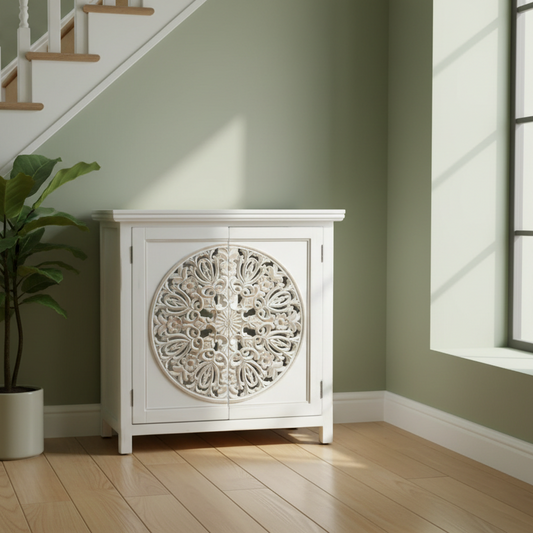 Rustic White Circular Carved Wood Cabinet