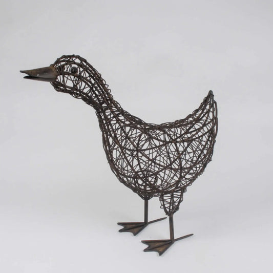 Wire sculpture of a duck on a white background