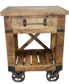Wooden cart with a drawer and wheels on a plain background