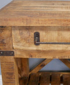 Wooden side table with a drawer and metal handle on a gray background