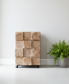 Wooden cube cabinet with wheels and a potted plant on a white floor.