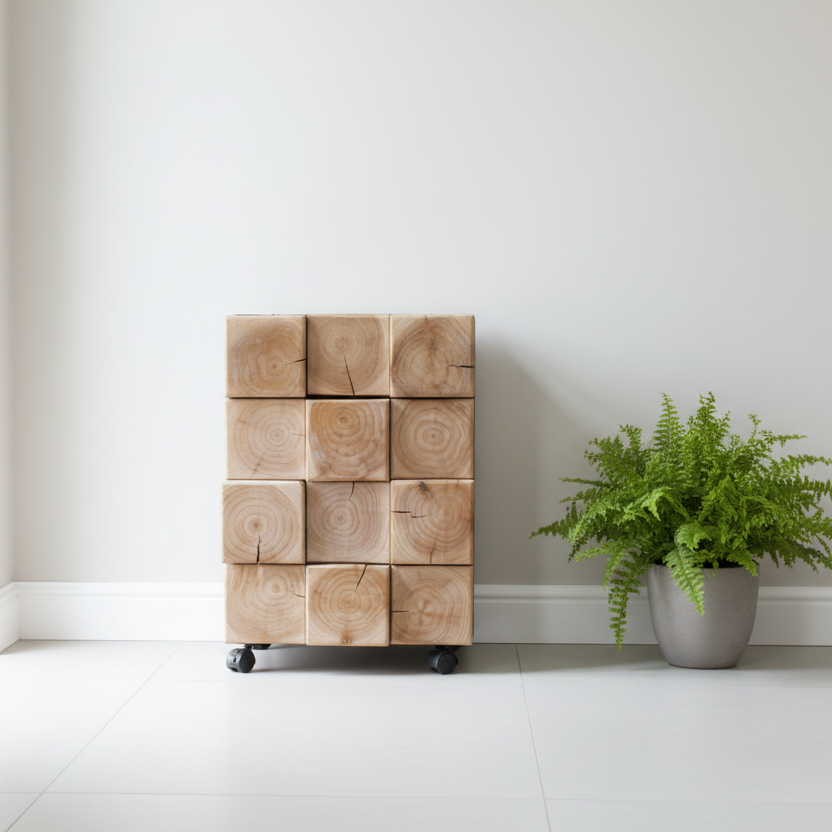 Wooden cube cabinet with wheels and a potted plant on a white floor.