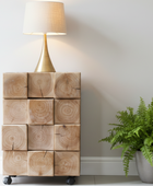 Wooden cube cabinet with a lamp and potted plant on a light background