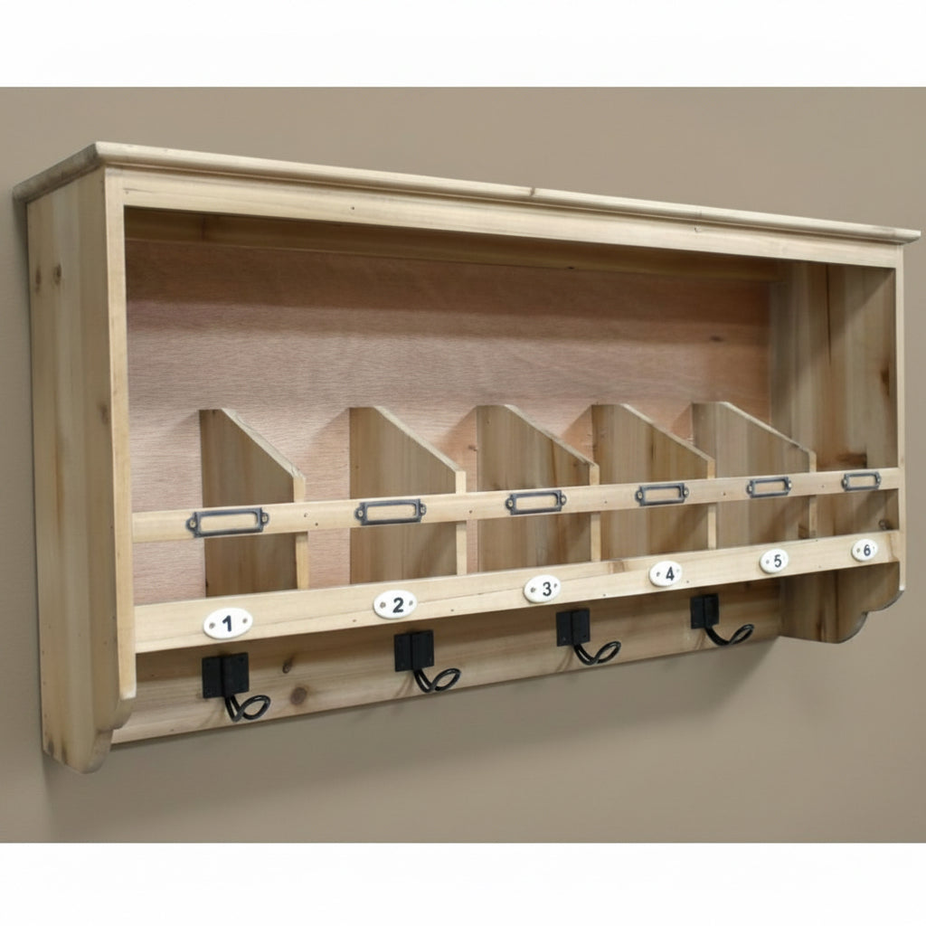 Wooden wall-mounted rack with hooks on a stone wall