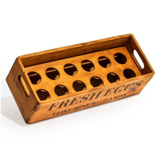 Wooden egg holder with 'Fresh Eggs' text on a white background